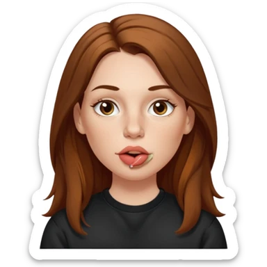 A 38 year old white woman with long brunette hair parted in the middle. She has her nose pierced. Her nose is medium sized. She has brown eyes. She has freckles and is wearing a black sweatshirt and is making a kissing mouth. sticker