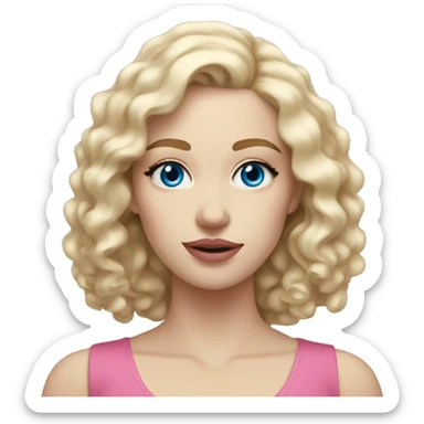 Pale white 25 year old woman with blue eyes, long blonde and curly hair, light brown eyebrows and pink lips sticker