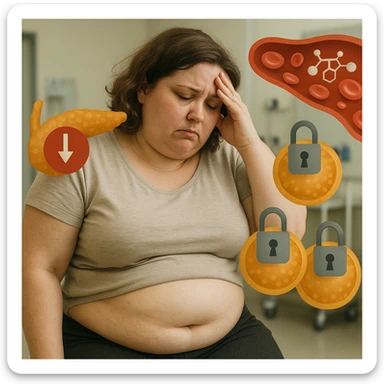 Realistic late 30s overweight woman with localized fat on abdomen and face, in a clinical environment. Expression of fatigue and frustration. Around: stylized pancreas with low insulin symbol, glucose in the blood, cells with closed padlocks. Realistic and symbolic style. sticker