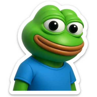 pepe in
- 3d style
- bright green
- blue shirt
- smiling
- looking straight at the camera
- good highlights and shadows
- 30deg angled towards the right
- 20% inset padding sticker