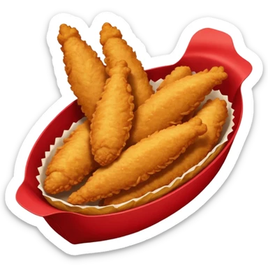 5 breaded chicken tenders of varying sizes and shapes in a red paper food boat sticker