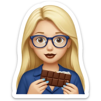 Blonde long haired girl with navy blue framed glasses eating chocolate sticker