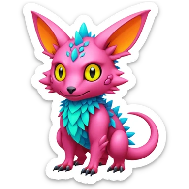 Tropical futuristic lush warm-colored modern neon-colored Fakémon-Digimon-Trico-Vernid-creature sticker