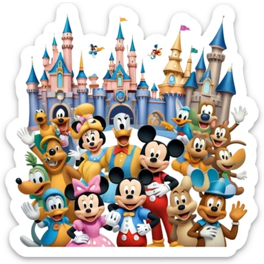 Colorful icon for Animated Movies: A vibrant collage featuring iconic characters like Goofy, Mickey Mouse, Franco, Masha and the Bear and Luntik. Each character should be large and bright, set against a cheerful and playful background of Disneyland. Transparent background. sticker