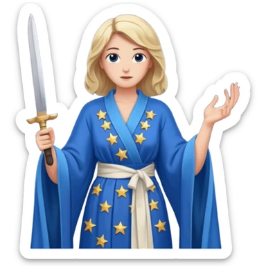 An upright Europe (a tall woman), wearing a blue, flowing robe with stars on the hem, and behind her stands Chancellor Merz, holding a knife toward her back 
you forgot chanccellor merz behind her sticker
