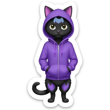 Black cat wearing a violet hoodie fursona (full body) sticker