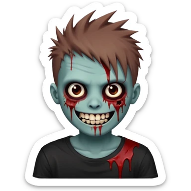 zombie boy with brown emo spiky hair, white skin, and white eyes; an open smile, and bloodied teeth; sticker