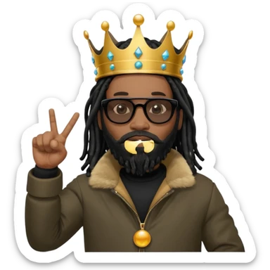 African American man with shoulder length black dreadlocks with black beard wearing black sunglasses wearing Crown on his head wearing a black bubble mens winter coat pointing to himself sticker