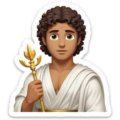 Cinematic Realistic Hercules Portrait, depicted as a classical Greek hero inspired by the Disney version yet echoing the refined proportions and serene dignity of Michelangelo's David. His idealized, sun-kissed tan skin glows with timeless strength, and his thick, curly wavy dark brownhair falls in natural, sculpted curls. Draped in a flowing white robe with delicate golden accents, his expressive eyes radiate determined nobility, all rendered under dynamic natural lighting with a mythic, radiant glow. sticker