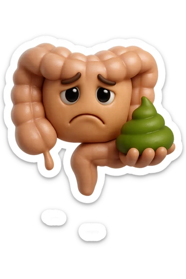 emoji stile iphone 3d di un intestino con espressione triste con cacca verde e liquida in mano , iperrealistiche 4k sticker