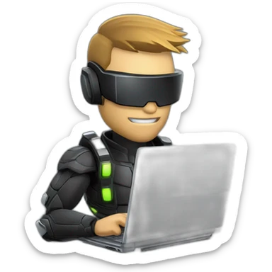 Side view developer behind his laptop with this style: Crytek Crysis Video game with character on the theme of hackers nanosuit Swift programming language sticker