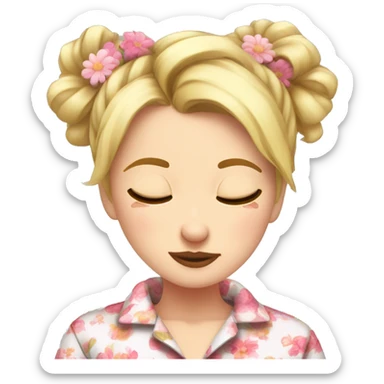 Blonde girl in floral long sleeve pyjamas with messy bun and she’s asleep sticker