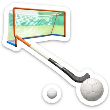 A field hockey stick and ball on a vibrant green grass field, with goalposts and clear field markings in the background. The scene emphasizes the bright, lush grass, highlighting the fast-paced and strategic nature of hockey on a well-maintained pitch. sticker