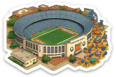 Изометричная, яркая, детализированная и фотореалистичная иллюстрация стадиона Cotton Bowl в стиле 3D-коллажей городов, насыщенные цвета, аккуратные и чёткие линии, мультяшно-реалистичная стилистика. Чёткие контуры, не размазанные линии, высокое качество, прозрачный фон, не обрезать края стадиона. sticker