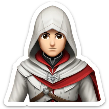 icon featuring Assasin's Creed in an iconic assassin's hood, standing tall against the backdrop of Florence. The design captures the essence of adventure, with intricate details of historical architecture and a sense of mystery. The character is poised, ready for action. transparent background. sticker