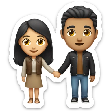 a couple holding hands. the guy has black middle part hair and is Persian and Filipino mix, wearing a jacket. the girl has brown medium length hair white and asian mix, wearing a crop top. sticker