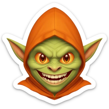 Hobgoblin-style goblin face emoji, orange hood, evil grin, sharp teeth, expressive Apple-style emoji sticker