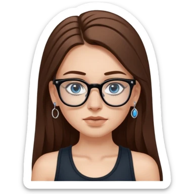 White girl with long brown hair, part going more to the RIGHT side, BLUE eyes, wearing BLACK rectangle plastic frame glasses. SEPTUM nose piercing hoop (at bottom of nose) AND stud nose piercing on right side of nose. Wearing BLACK tank top. No other jewelry sticker