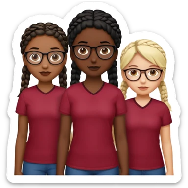I want one black with braids black hair , one white girl with black hair and gelasses et one girl with blond/brown hair with glasses too with a burgundy red shirt  sticker