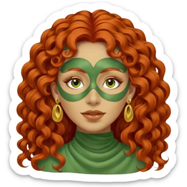 red haired very long curly haired woman with full face green clay mask  and big earrings  sticker