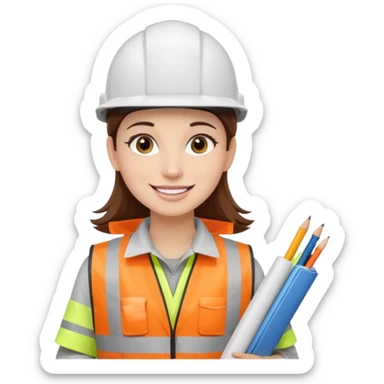 Arquitecta ojos marrones oscuros pestañas pelo marron por los hombros sonrie casco blanco con material de dibujo y chaleco reflecyante sticker