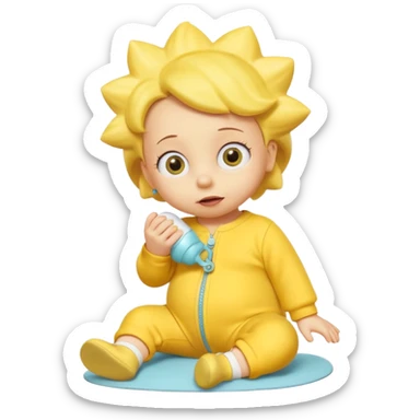 A 3D cartoon baby character entirely yellow, yellow skin, styled like Maggie Simpson, with pacifier, yellow onesie, big eyes, smooth shading, Memoji-style rendering, consistent with other yellow Simpsons characters. sticker