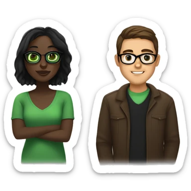 Black girl with medium mocha skin and cute big gold wireframe glasses and shoulder length straight dark brown hair with a white guy with black hair and green eyes who looks like nev from catfish with big glasses sticker