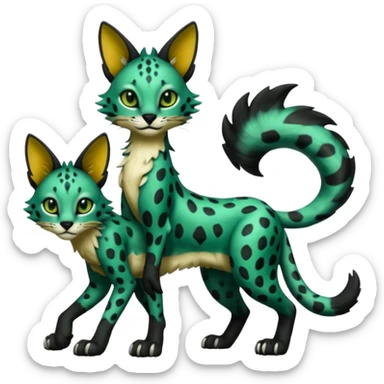 Epic complex detailed dark-deep-green, black, realistic Fakémon-Sprigatito-Floragato-Meowscarada-Trico-Sergal-Serval-Vernid-creature (full body) sticker