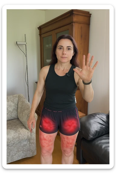 Donna con cellulite sulle cosce indica le cosce che sono infiammate di cellulite sticker