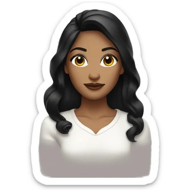 woman with black hair side part brown eyes gold hoop earrings and white shirt sticker