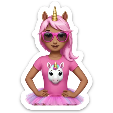 friendly anthropomorphised female unicorn with horse-like face, in tutu and pink t-shirt, wearing dark sunglasses, relaxed pose, close-crop head and shoulders portrait sticker
