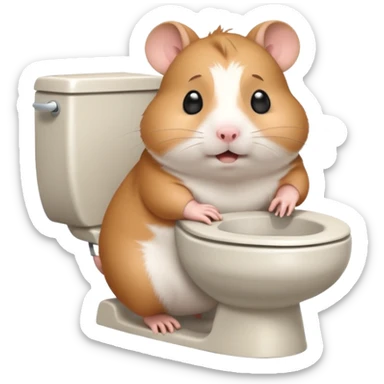 Cute chubby cartoon-style hamster sitting on toilet pooping looking as if he had an accident sticker