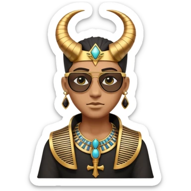3D cartoon horned character portrait, wearing sunglasses, gothic ancient Egyptian style, pharaoh collar, dark gold and black outfit, ankh symbols, Egyptian jewelry, mysterious expression, soft dramatic lighting, centered, clean background, no text, no watermark sticker