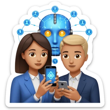 Generate a realistic emoji of a two people using a phone which shows artificial intelligence. Out of the phone is coming 3d ideas and electric symbols and a lot of small ideas popping up sticker