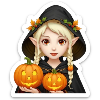 female elf vampire emoji, pale skin, red eyes, elegant face, autumn leaf and pumpkin wreath on head, black hooded cloak with cobweb details, holding small glowing pumpkin lantern, Halloween fantasy theme, Apple emoji style, clean white background, square sticker