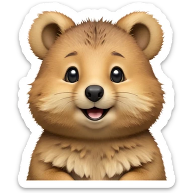cinematic-realistic quokka-emoji,-small-round-frame, head tilted in an endearing manner, comical smile, round cheeks, giant-fluffy-cheeks-large-smile-fluffy-brown-fur-radiating-a-warm-softness,-big-round-eyes-filled-with-joy, realistic round  fluffy zoomed in, large black eyes one paw raised in the air sticker