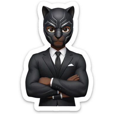 Black Panther superhero, black suit, cat-like mask, arms crossed sticker