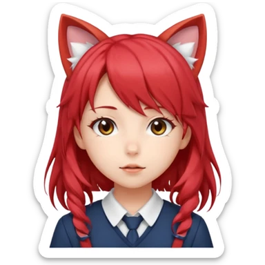 cute anime girl with cat ears, red blowing hair sticker