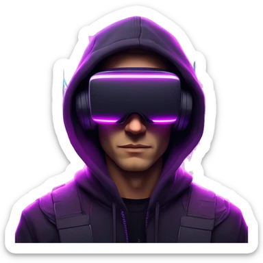 Russian man wearing a black hoodie with "OMG" letters on it and VR headset in a cyberpunk VR environment with violet neon lighting. sticker