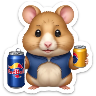 Funny hamster wide eyed with a can of redbull sticker