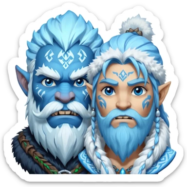 Legendary fantasy orc Christmas portrait icon, Frostfather and Snow Maiden inspired, primal winter god style, massive icy beard, glowing blue eyes, heavy fur coat, tribal frost runes, powerful brutal presence, blizzard atmosphere, clean stylized emoji icon
 sticker