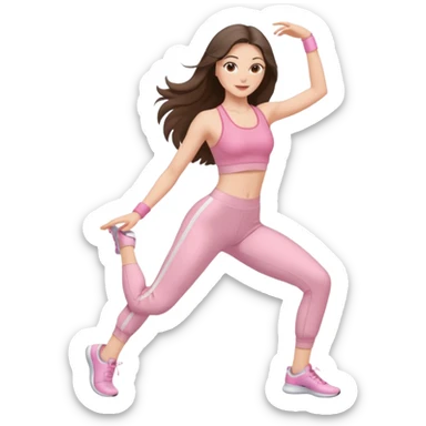 white brunette girl long hair with hazel eyes in light pink workout clothes dancing  sticker