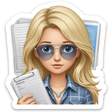 girl with long blond messy hair wearing grey plaid shirt with blue eyes and aviator sunglasses wearing a ring on her silver necklace, holding lawyer papers sticker