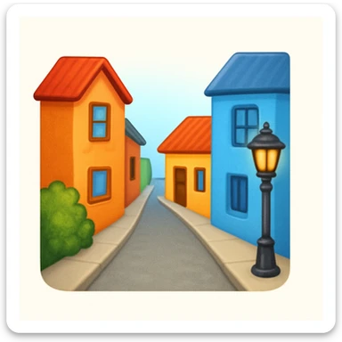 emoji of a small cozy street scene — a narrow road with a sidewalk, a few colorful buildings on the sides, and a streetlight. Soft daylight, clean design, minimal background, cheerful and detailed Apple emoji style sticker