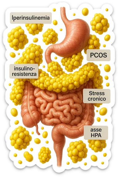 STOMACO E INTESTINO SONO VERTICALMENTE COLLEGATI E INTORNO A QUESTI ORGANI CI SONO CELLULE DI GRASSO GIALLE ATTACCATE SOPRA A GRAPPOLI, intorno fluttuano cellule di grasso giallo e alcune targhette con queste parole "Iperinsulinemia", "insulino-resistenza", "PCOS", "Stress cronico", "asse HPA", FALLO REALISTICO, NON DISEGNATO, IPERREALISTICO 4K sticker