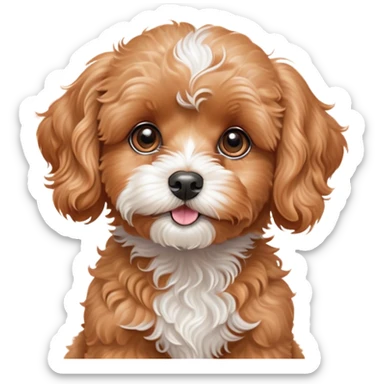 Cinematic Cute Apricot Cavoodle Portrait Emoji, Head tilted playfully and inquisitively, with a fluffy curly apricot coat adorned with subtle white patches, round, sparkling brown eyes filled with curiosity, Simplified yet irresistibly adorable features, highly detailed, glowing with a warm, friendly glow, high shine, affectionate and lively, stylized with a touch of whimsy, bright and endearing, soft glowing outline, capturing the essence of a mischievous yet loving companion, so playful it feels like it could bound out of the screen and into your arms! sticker