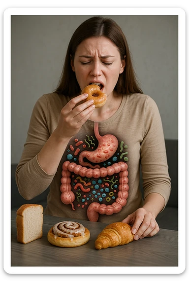 donna con batteri cattivi pieni nel suo intestino immagini realistiche mangia alimentazione ricca di glutine e zuccheri alimentando tutti i batteri cattivi sticker