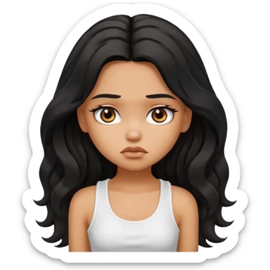 a pretty tan bratz girl with long wavy black hair, wearing a white tank topi. looking sad sticker