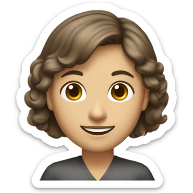 Profesora de fotografía, sonrriente  cabello castaño oscuro  y de pelo corto con una cámara  sticker