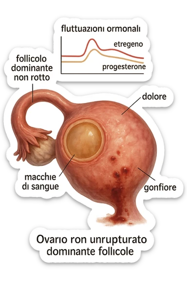 realistic and cinematic illustration of an ovary with an unruptured follicle, low progesterone, hormonal fluctuations, symptoms of spotting, pain and swelling, clinical details, captions in Italian sticker
